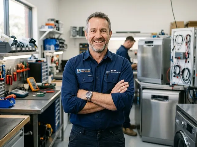 Appliance Repair Hero lead repair technician in the workshop with test appliances