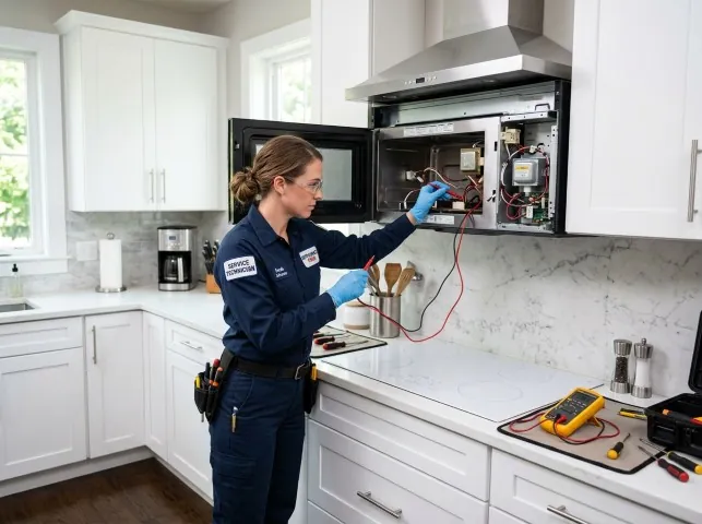 Appliance Repair Hero technician testing an over-the-range microwave in a Altura, MN kitchen